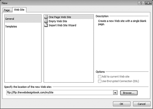 When creating a Web site using FTP, enter the FTP location. If you don’t know the correct location, your Web server administrator can help.