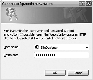 You will likely be prompted for a username and password when using FTP. Your Web server administrator can provide them if you don’t know them.