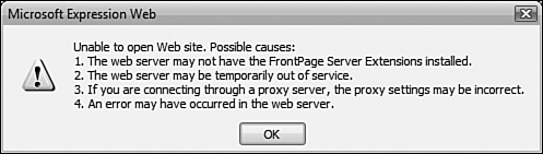 If Expression Web cannot create a site on an existing Web server, you’ll be met with a dialog informing you of possible causes for the failure.