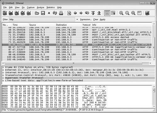 Ethereal is a very powerful network capture tool that is free and available via download from www.ethereal.com. Here I’ve captured the network traffic while opening a Web site using the FrontPage Server Extensions.