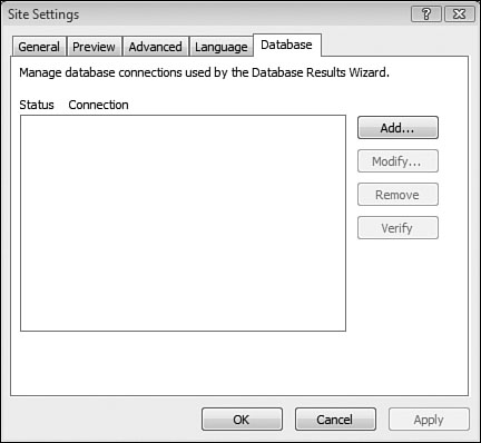 The Database tab is used for legacy database connections and should not be used for new Web sites.