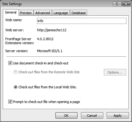 Expression Web’s source control is enabled using the options on the General tab of the Site Settings dialog.