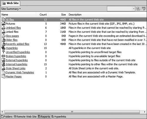 The Site Summary provides a summary of a Web site and links to run more detailed reports.