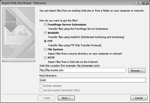 Importing using FTP may require a root directory and passive FTP. Ask the administrator of the remote site if you’re not sure.