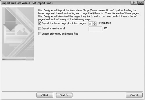 The HTTP method of importing a Web site adds an additional step to the Import Web Site wizard.