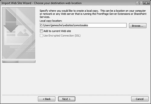 You can specify a destination for an imported site in the Import Web Site wizard.