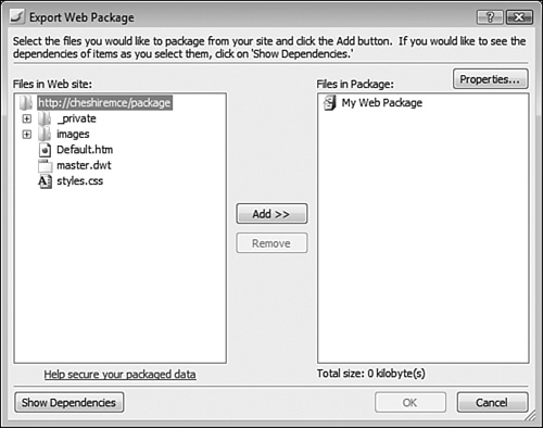 The Export Web Package dialog makes it easy to create a Personal Web Package to use in other Web sites.