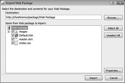 The Import Web Package dialog displays all the files inside a Personal Web Package. You can either import some or all of the files.