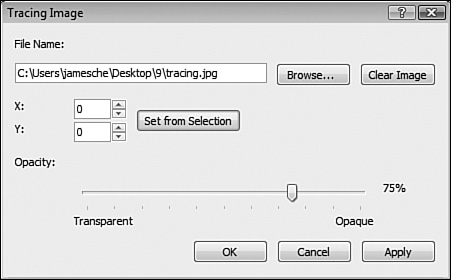 Tracing images can be positioned and adjusted using the Tracing Image dialog.