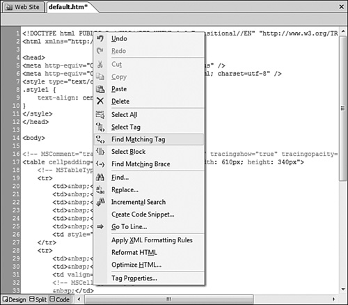Expression Web offers many tools on the context menu in Code View to aid in adding and editing code.