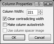 Using the Column Properties dialog, you can easily fix any contradicting widths in table cells.