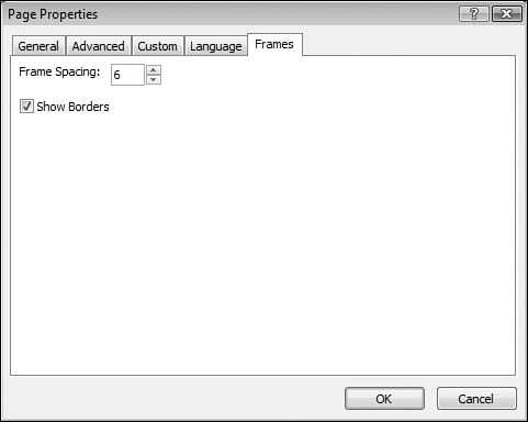 Properties for the frameset page are configured in the Page Properties dialog.