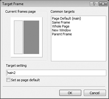 Expression Web provides a visual representation of the current frames page. Clicking on a frame will cause the current hyperlink to target that frame.