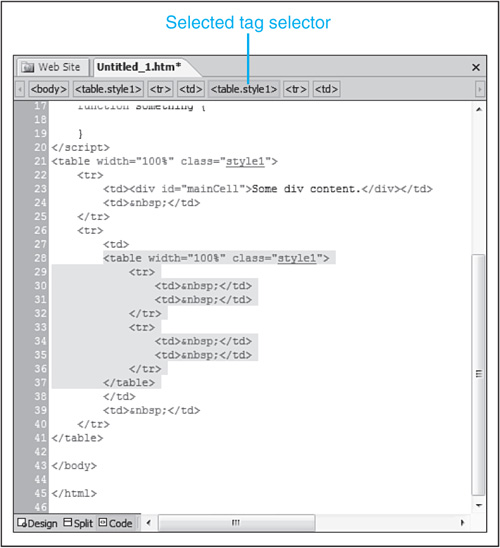 In Code View or Split View, selecting a quick tag selector will highlight the corresponding code.