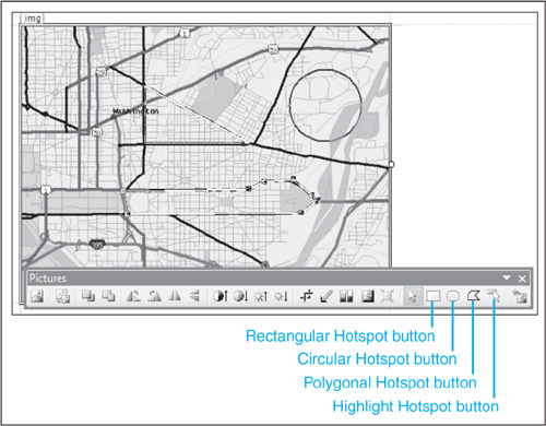 To create a hotspot on an image, select the image and then use one of the three hotspot type buttons on the Pictures toolbar.