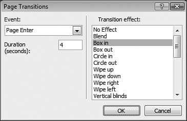 Page transitions can be configured easily using the Page Transitions dialog.