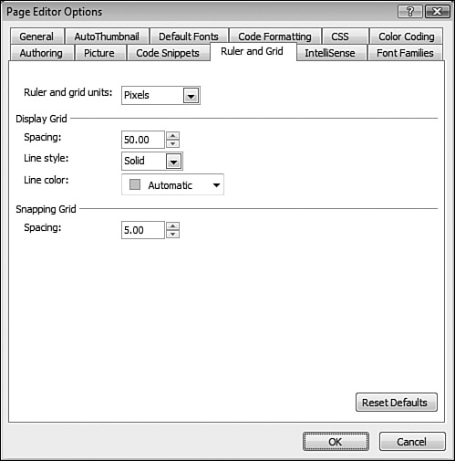 Control the appearance of the grid and ruler using the Ruler and Grid tab.