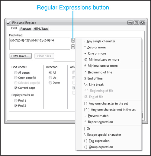 The Regular Expressions button can make creating regular expression searches fast and easy, but don’t expect to find advanced regular expression syntax here.