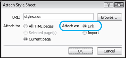 The Attach Style Sheet dialog allows you to link an external style sheet to one or all pages. You can also import a style sheet into a page as an embedded style sheet.