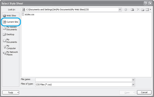 The Select Style Sheet dialog provides a view of files on your computer as well as on file shares and Web servers. In most cases, you’ll choose the Current Site button.