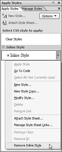 Removing an inline style is as simple as clicking a menu item thanks to the Apply Styles task pane. You’ll learn about many more capabilities of this tool in the next chapter.