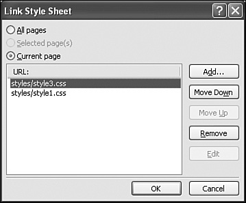 Linking style sheets is accomplished using the Link Style Sheet dialog. You can adjust the order of linked style sheets as well.