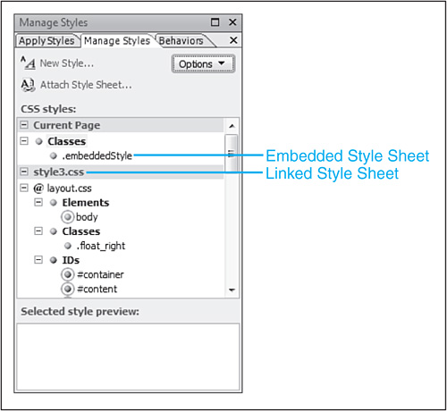 The Manage Styles task pane sections off each style sheet. In this case, there is one linked style sheet and one embedded style sheet.