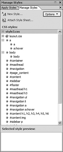 When Categorize by Element is selected, each HTML element will be listed with inherited styles nested underneath.