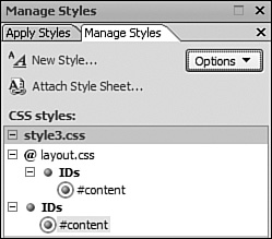 Using the Manage Styles task pane, it’s simple to find out exactly where certain styles originate. In this case, the content CSS ID is defined in both layout.css and style3.css.