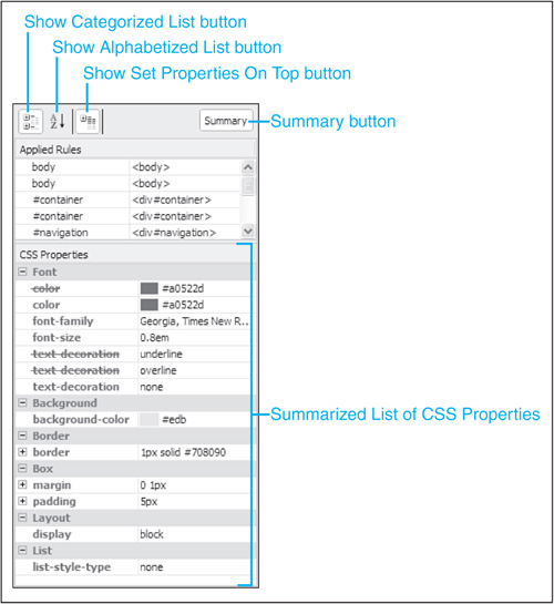 The series of buttons at the top of the CSS Properties task pane make it easy to adjust the display.