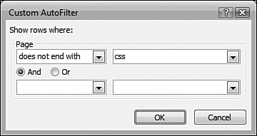 The CSS Reports task pane can be filtered using the Custom AutoFilter dialog. In this case, CSS files are filtered out of the report.