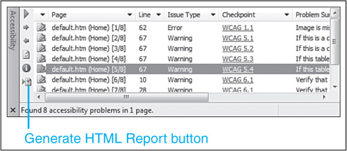 Generating an HTML report of the results of an accessibility check is as simple as clicking a button.