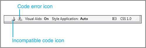 In Code View, icons will appear on the Status Bar when a code problem is found. Both code errors and code incompatibilities are present in this document.