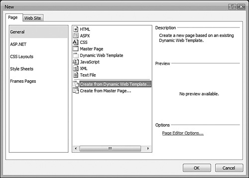 The New dialog allows you to choose a Dynamic Web Template when a page is created.