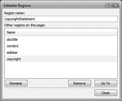 Rename an editable region by selecting the region, entering the new name, and clicking Rename.
