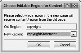 Select the correct editable region from the Choose Editable Region for Content dialog to remap it.