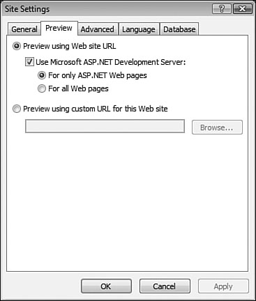 Configuring use of the ASP.NET Development Server is performed through the Site Settings dialog.