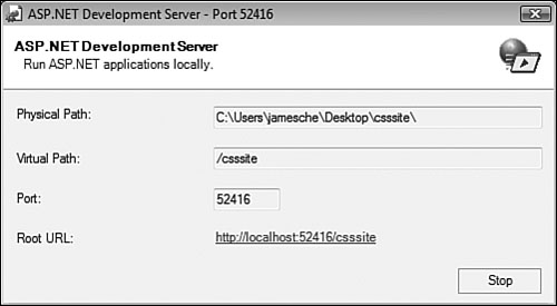 The ASP.NET Development Server can be stopped from the Details dialog box. You can also click the provided link to browse the Web site in your Web browser.