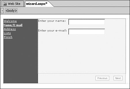 Step 2 of the Wizard control is now ready to accept a name and an e-mail address.