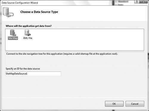 The Data Source Configuration Wizard allows you to connect controls on your page to data. In this case, we’re connecting the Menu control to the sitemap file we created earlier.