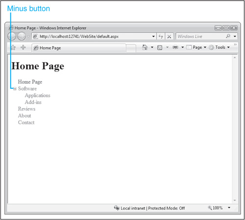 Once connected to the sitemap file we created earlier, the TreeView control displays links to all your pages in a hierarchical tree. Parent nodes contain a minus button that can be clicked to collapse the nodes beneath them.