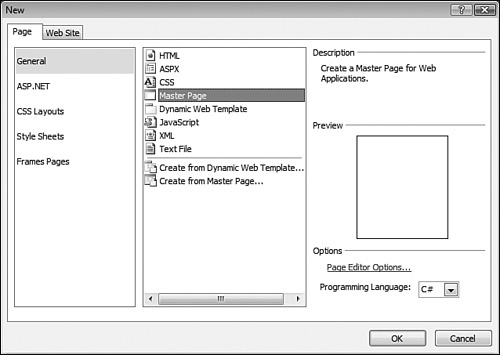 The New dialog contains a page template for a Master Page. When you choose it, Expression Web creates a new Master Page with one ContentPlace-Holder control on it.
