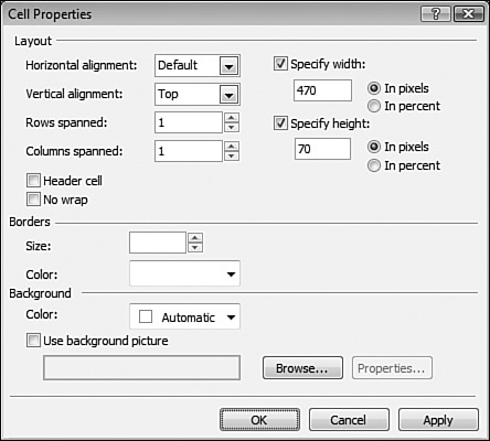 Use the Cell Properties dialog to define the dimensions for the new layout cell. In this case, we want it to be just a bit larger than a standard Web site ad banner.