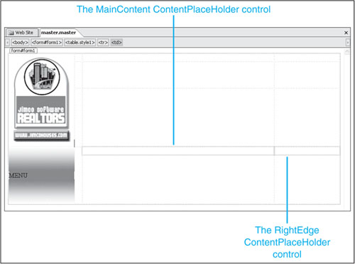 The Master Page is now complete with two Content-PlaceHolder controls for custom content.