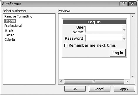 You can quickly give the Login control a new look using the AutoFormat dialog.