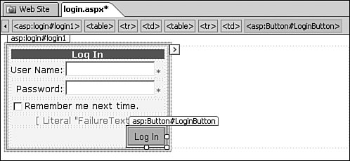 Converting the Login control to a template allows access to the controls that comprise it. Notice here that the Button control is selected. Accessing the button is impossible before converting the control to a template.