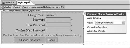 The Common ChangePassword Tasks popup offers similar options to the Login control with the addition of a Views dropdown for switching between the two views provided by the control.