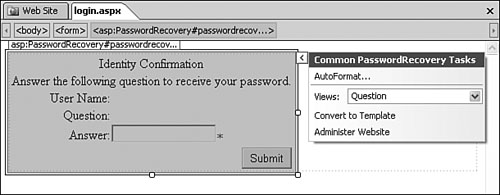 The Password-Recovery control consists of three different views to allow a user to retrieve or reset a password. The Question view is shown here.