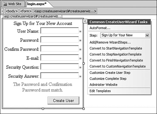 The CreateUser-Wizard control is a customized wizard control designed to allow users to easily create new accounts for your Web site.