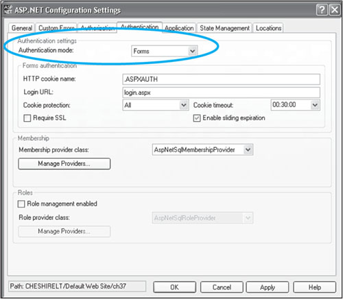 We need to configure the new application for Forms authentication so we can use the ASP.NET login controls.